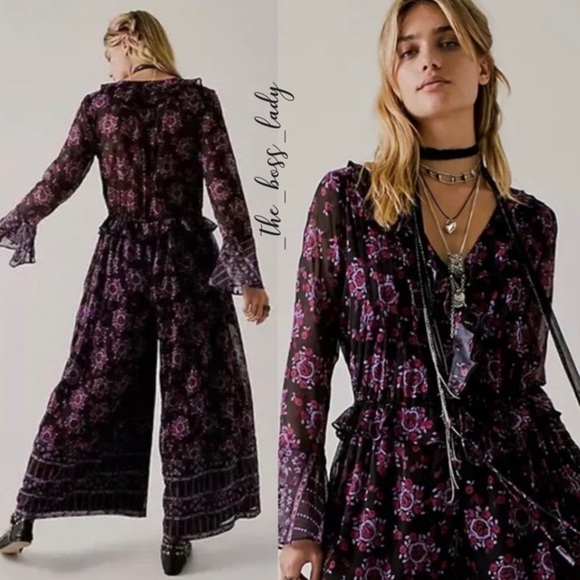 Free People floral jumpsuit XS ruffled one-piece wide-leg romper boho onesie - Picture 4 of 5